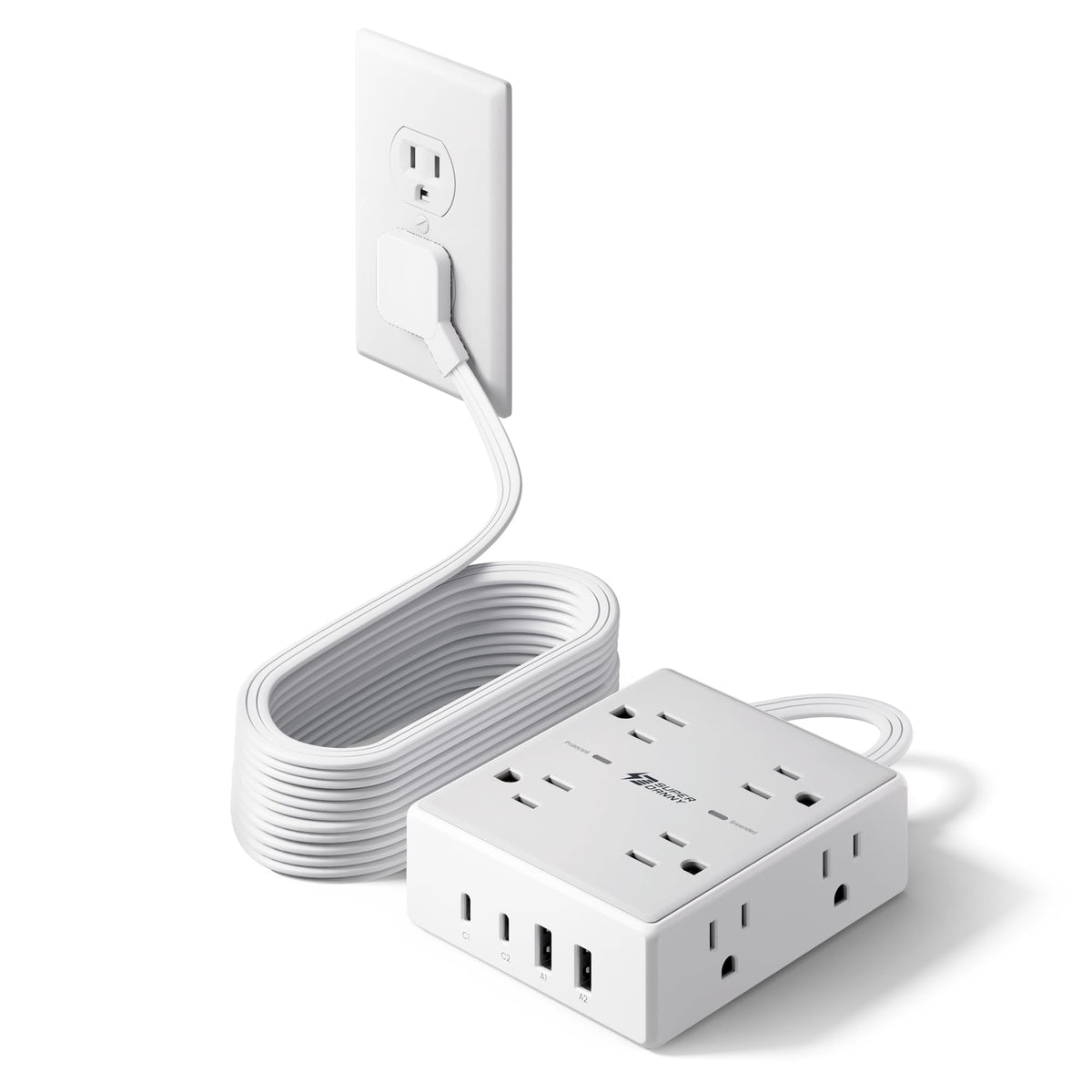 SUPERDANNY 15ft flat-plug extension powers multiple devices from a single compact strip.
