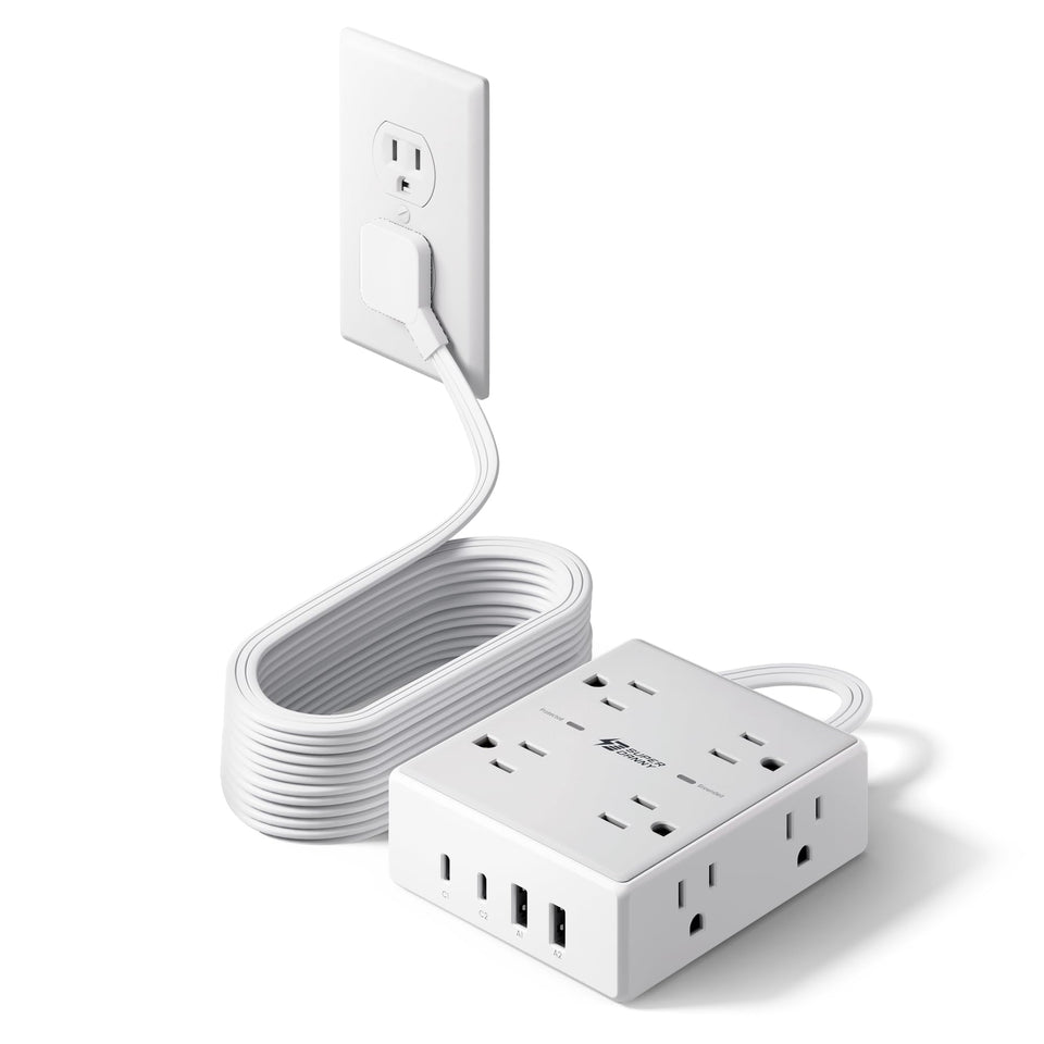 SUPERDANNY 15ft flat-plug extension powers multiple devices from a single compact strip.