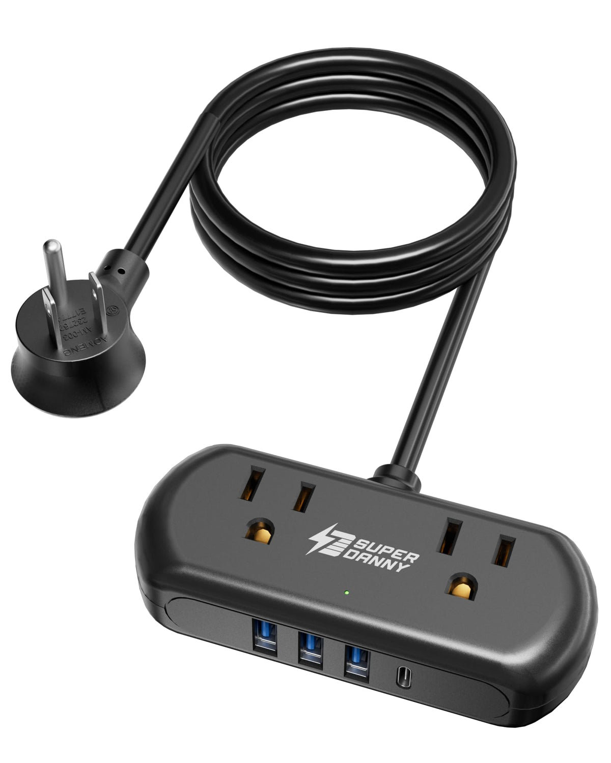 SUPERDANNY 2ft extension cord front view showing compact desk-friendly size