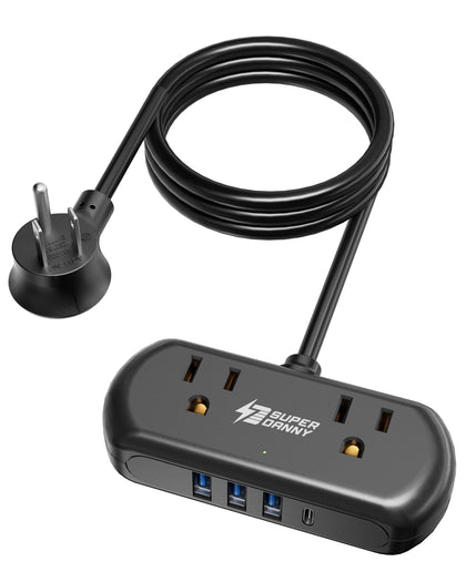 SUPERDANNY 2ft extension cord front view showing compact desk-friendly size