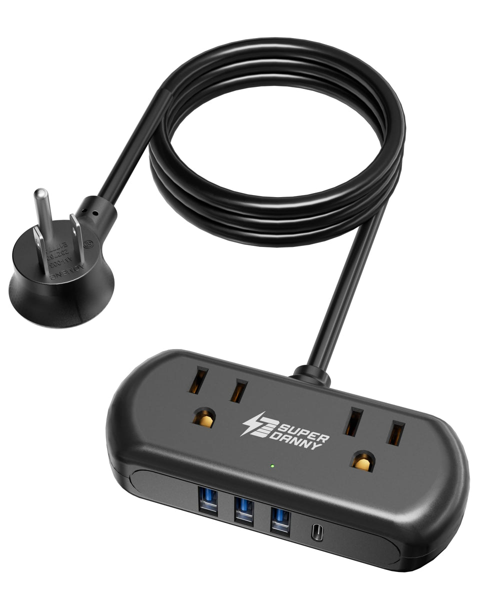 SUPERDANNY 2ft extension cord front view showing compact desk-friendly size