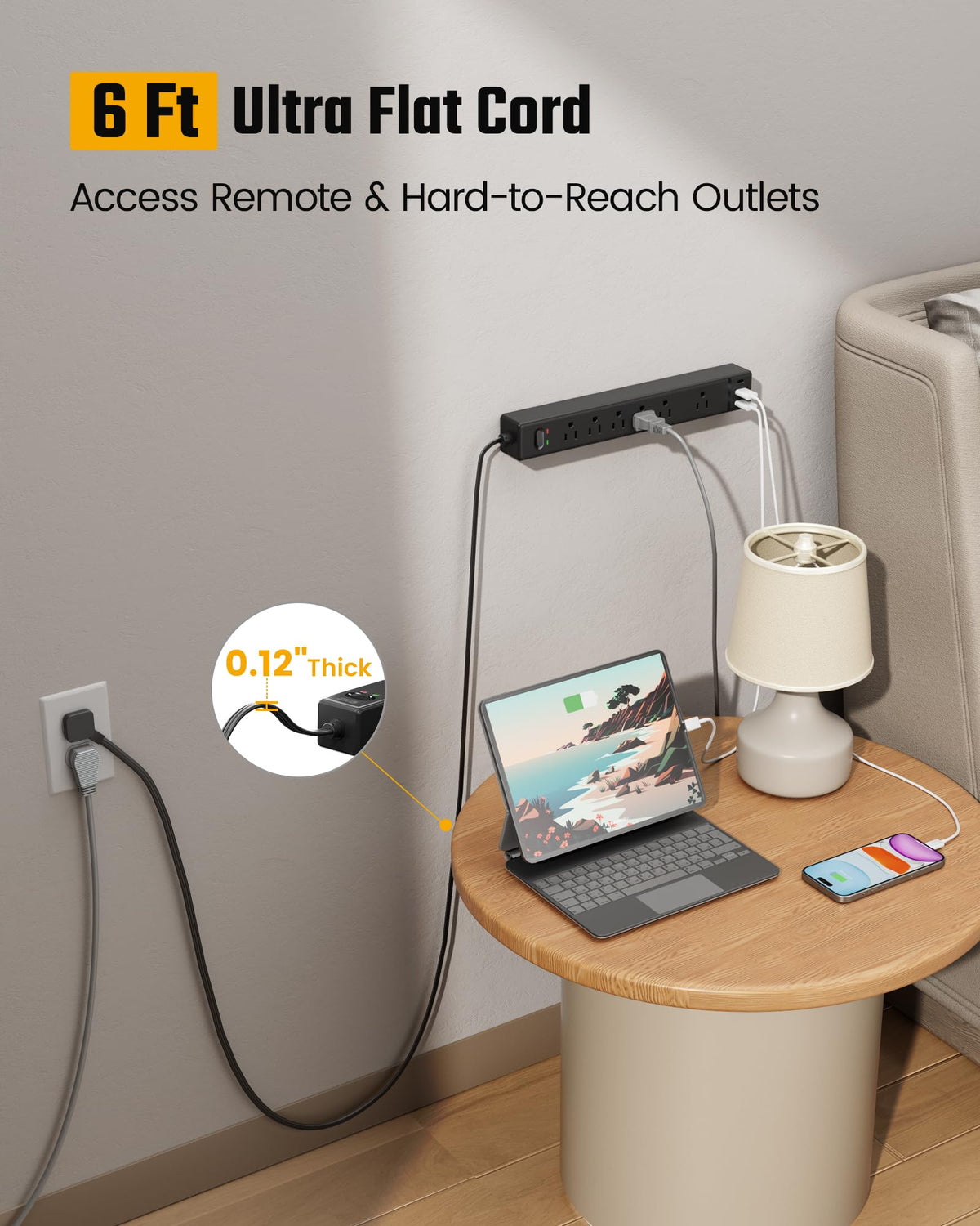SUPERDANNY 6ft flat extension cord fits tight spaces behind furniture