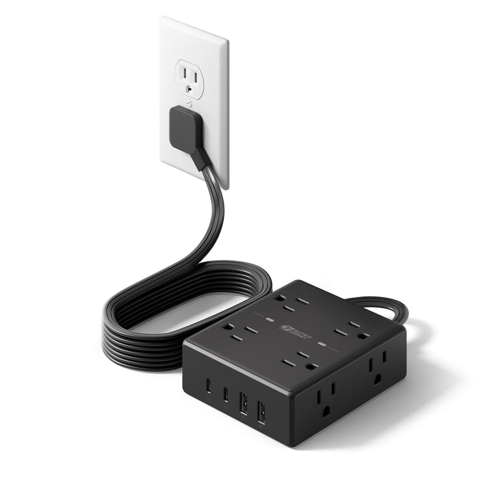 SuperDANNY 6ft flat-plug extension cord powering multiple devices in tight spaces