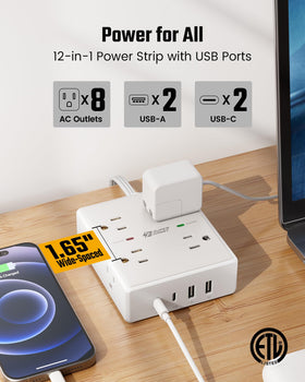 SUPERDANNY power strip with eight outlets and four USB ports for multiple devices