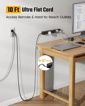 SUPERDANNY 9-in-1 surge protector showing six outlets and USB ports for versatile charging