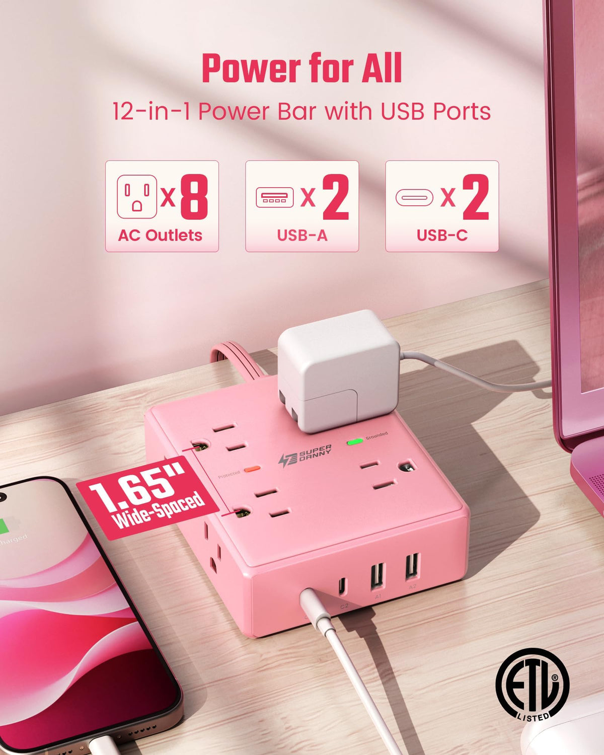 SUPERDANNY close-up of outlets showing spacious layout for bulky adapters safety