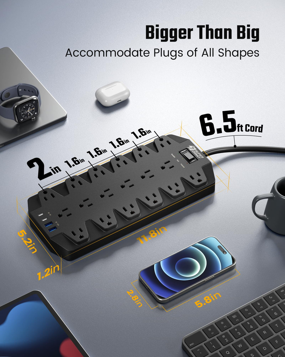 SUPERDANNY close-up of widely spaced outlets, accommodates large adapters easily