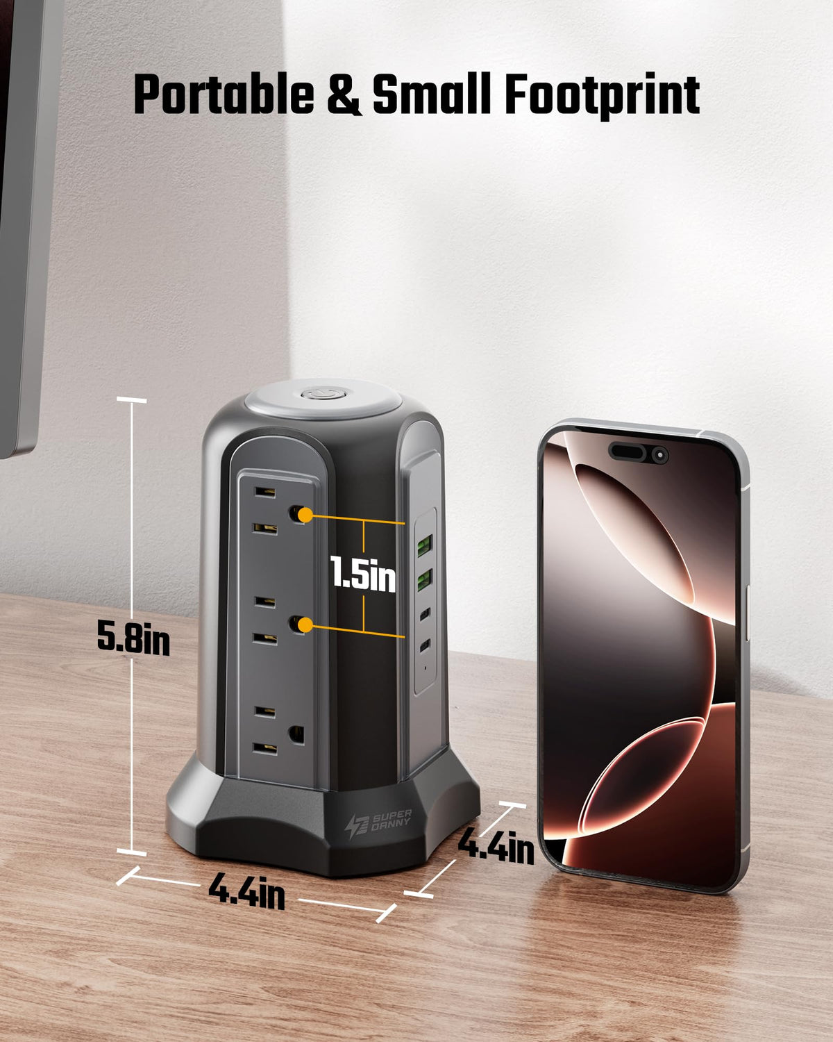 SUPERDANNY compact tower on nightstand saving surface space for bedroom use