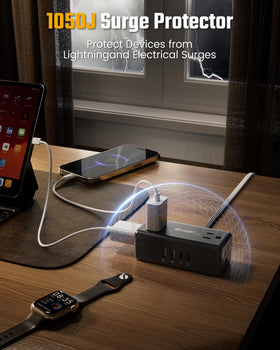 SUPERDANNY power strip on a desk charging laptop and phone, tidy workspace benefit