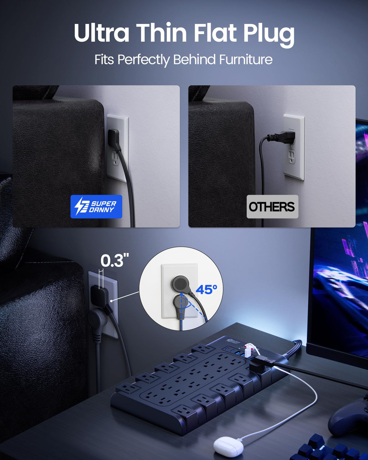 SUPERDANNY angled flat plug tucked behind furniture to save space