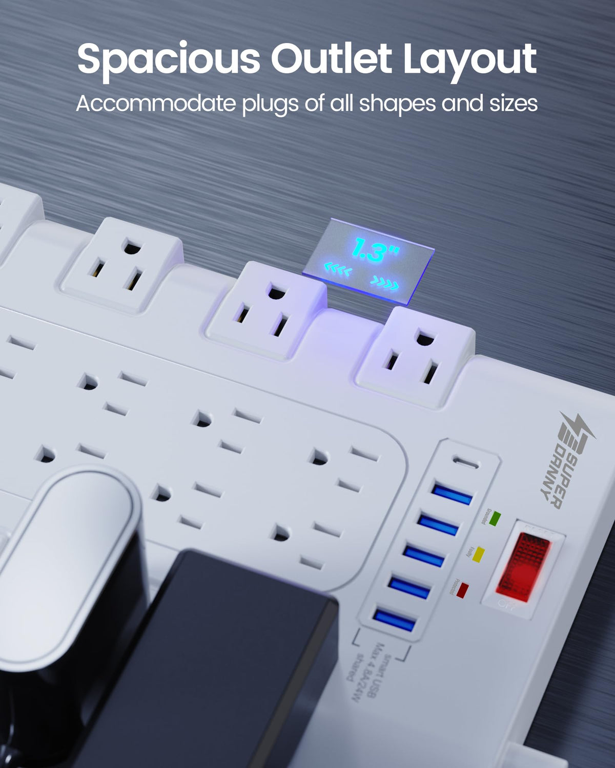 SUPERDANNY angled flat plug tucked behind nightstand for space-saving outlet access