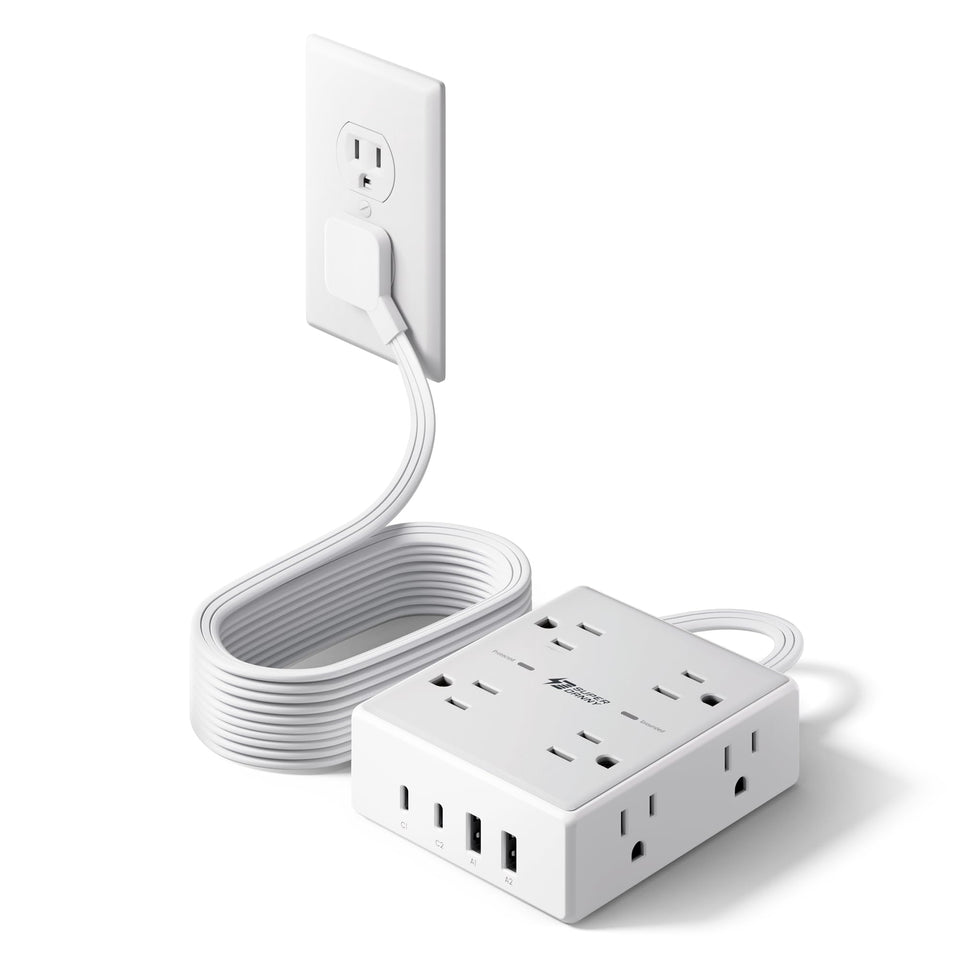SUPERDANNY flat plug power strip front view for tight spaces and clean desk setup