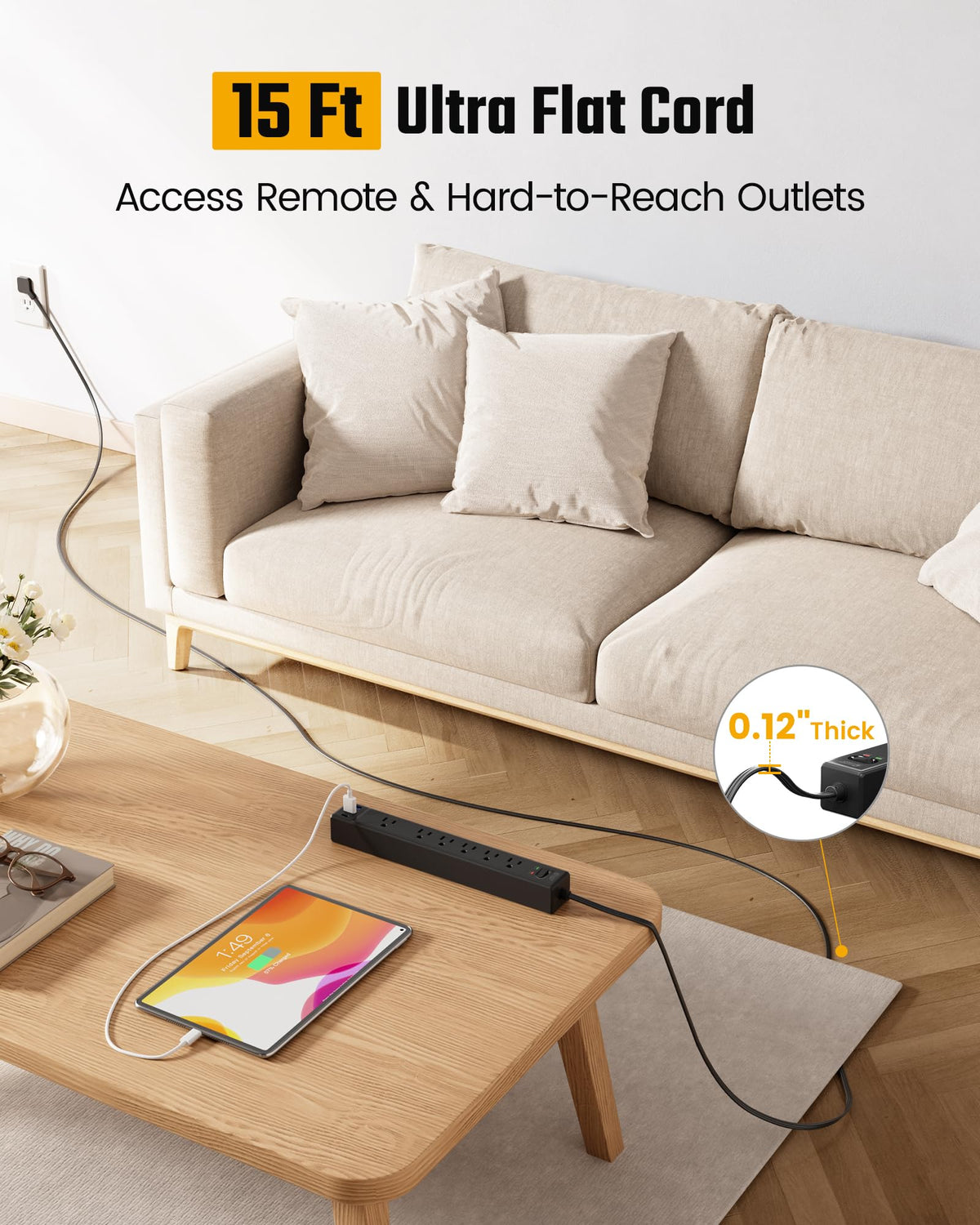 SUPERDANNY flat plug profile fitting behind furniture to save wall space