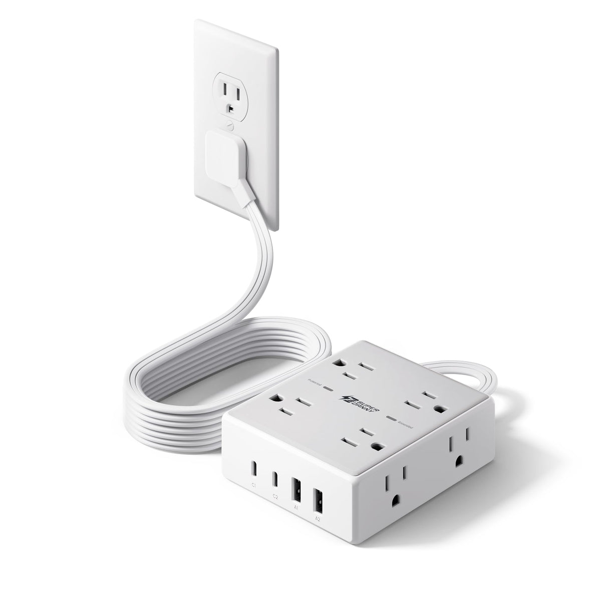SUPERDANNY flat plug surge protector: compact, space-saving layout for tight setups.