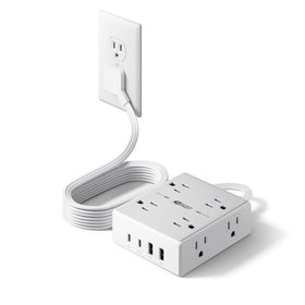 SUPERDANNY flat plug surge protector: compact, space-saving layout for tight setups.