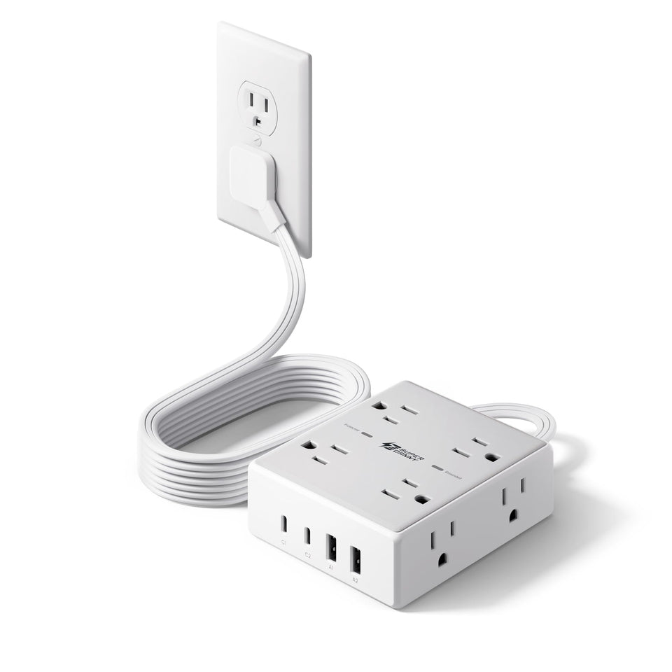 SUPERDANNY flat plug surge protector: compact, space-saving layout for tight setups.