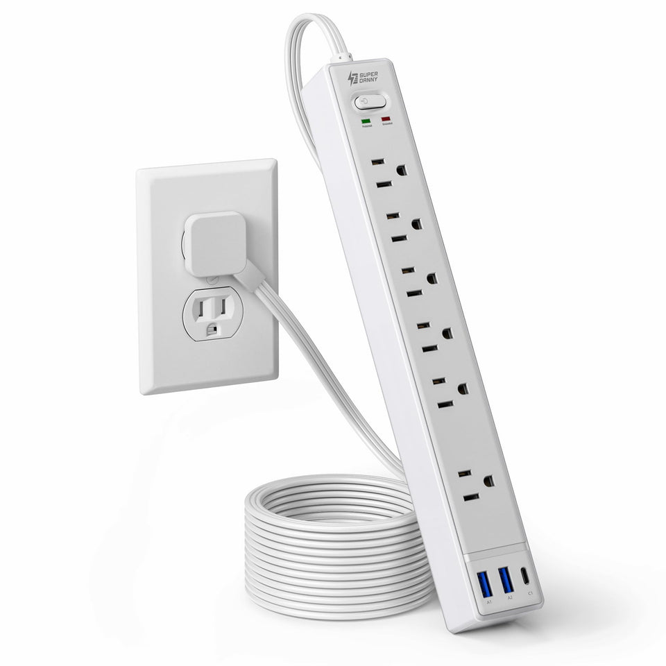 SUPERDANNY flat-plug-surge-protector 6ft cord powers multiple devices while staying unobtrusive.