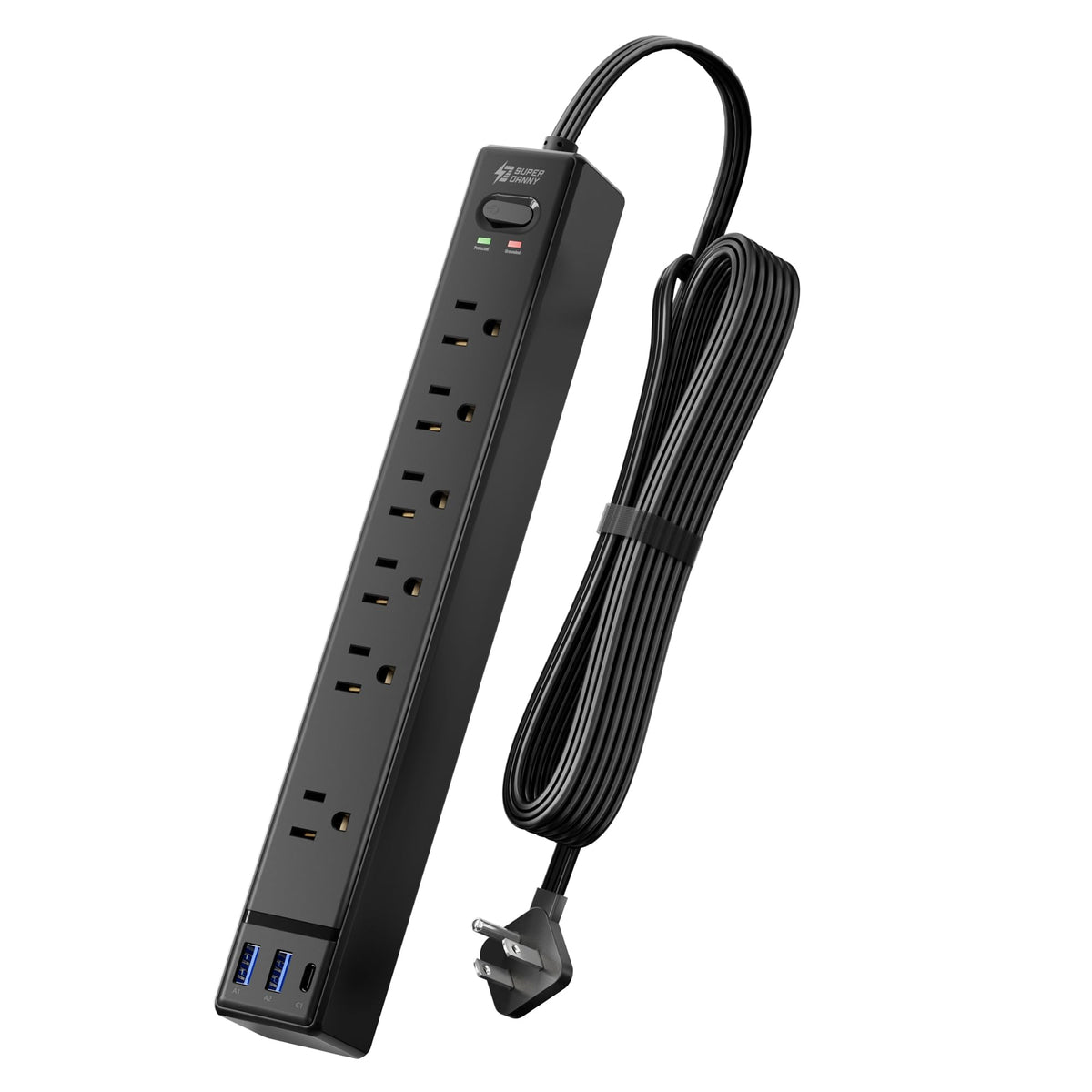 SUPERDANNY flat-plug surge protector powers multiple devices for a tidy desk