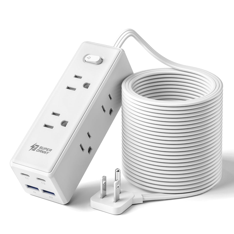 SUPERDANNY power strip front view showing outlets and USB ports for versatile charging