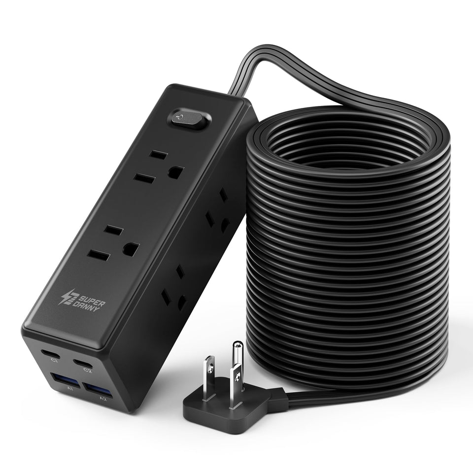SUPERDANNY front view showing power strip and benefits of multiple outlets