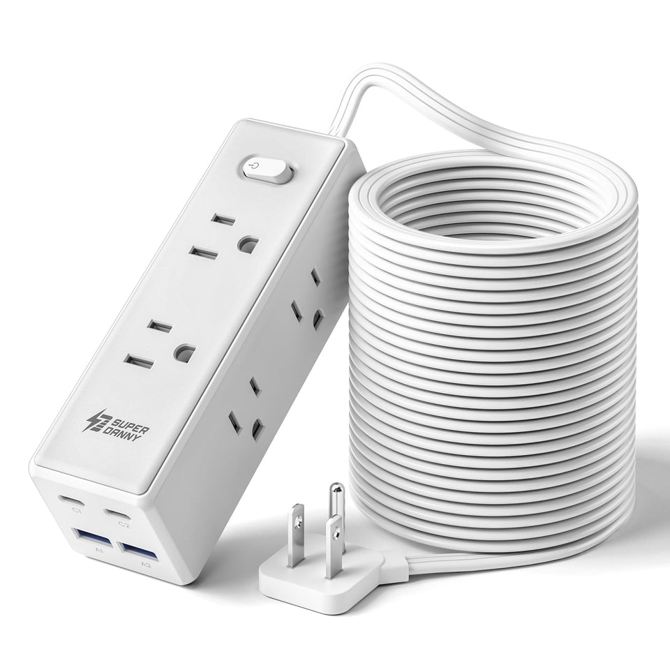 SUPERDANNY front view showing 6 outlets and 4 USB ports for versatile charging