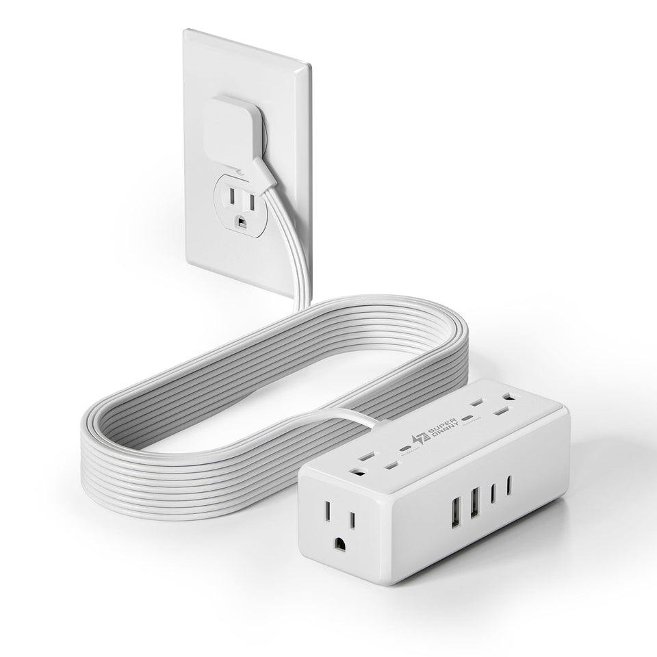 SUPERDANNY front packaging showing outlets and USB ports for organized charging