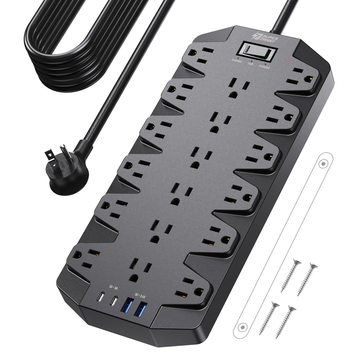 SUPERDANNY front view showing 18 outlets and sleek housing for organized power