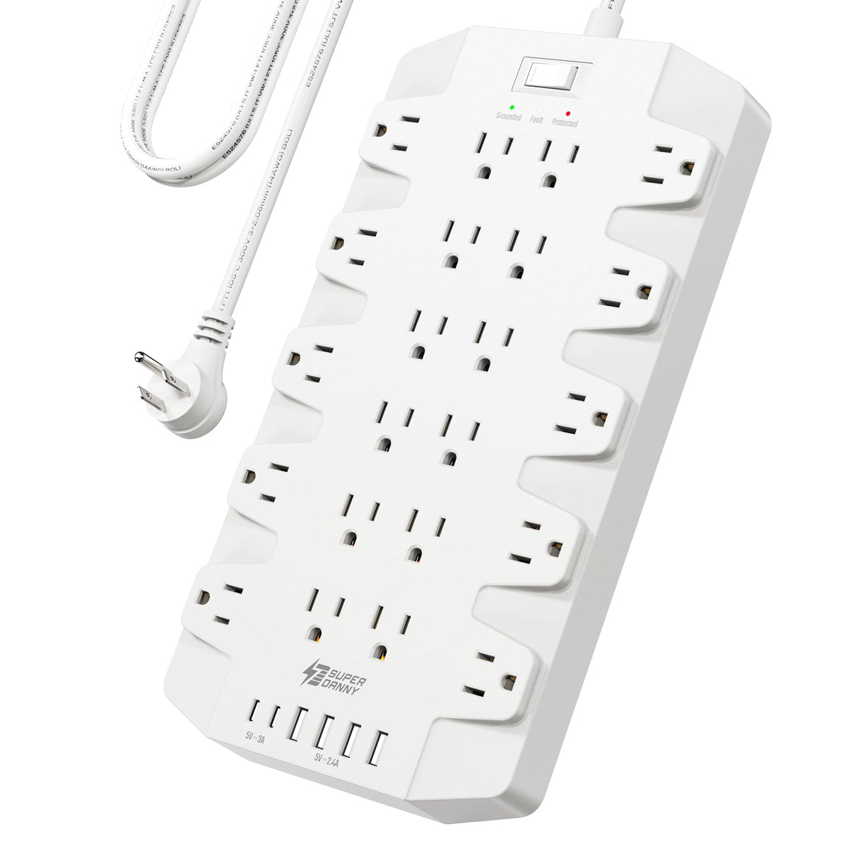 SUPERDANNY front view showing 22 outlets and USBs for versatile charging