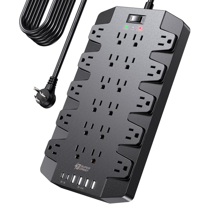 SUPERDANNY front view showing 22 grounded outlets and clean layout for organized power