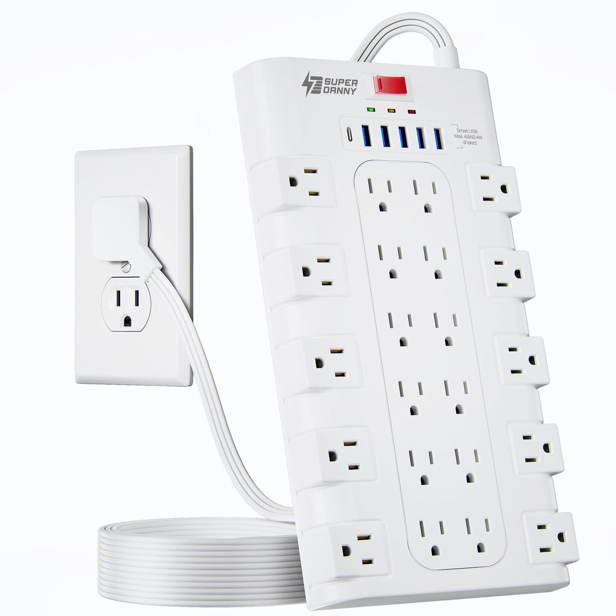 SUPERDANNY front view showing 22 outlets and 6 USB ports for high-capacity power