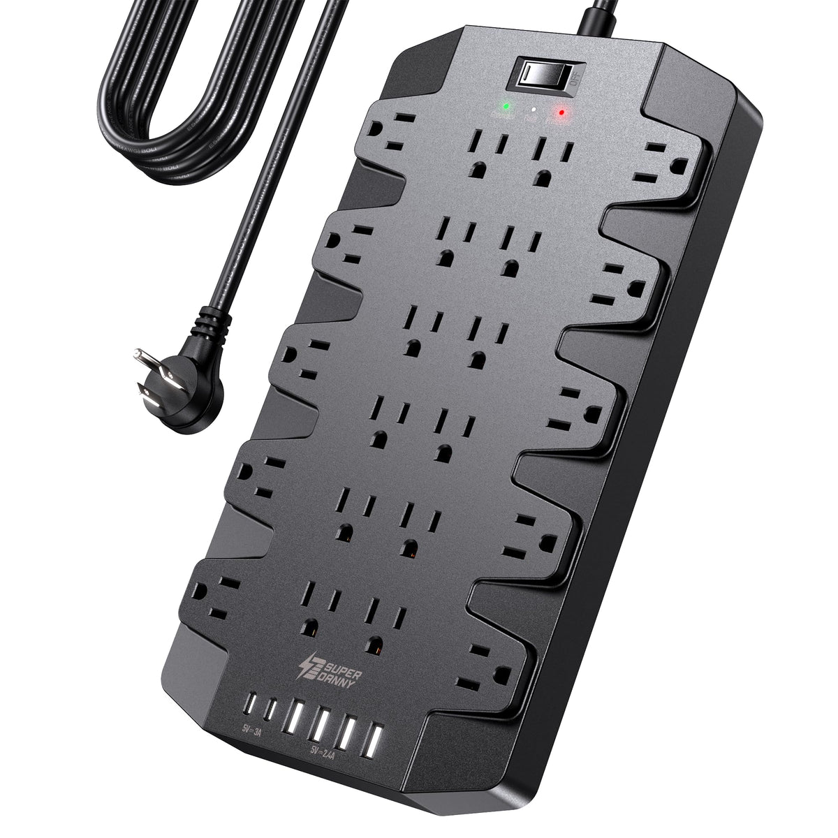 SUPERDANNY full power strip front view showing many outlets and USB ports for powerful consolidation