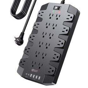 SUPERDANNY full power strip front view showing many outlets and USB ports for powerful consolidation