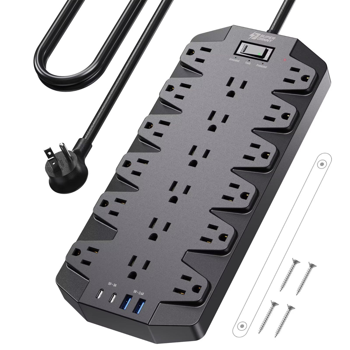 SUPERDANNY front view showing 18 outlets and 4 USB ports, organized power solution