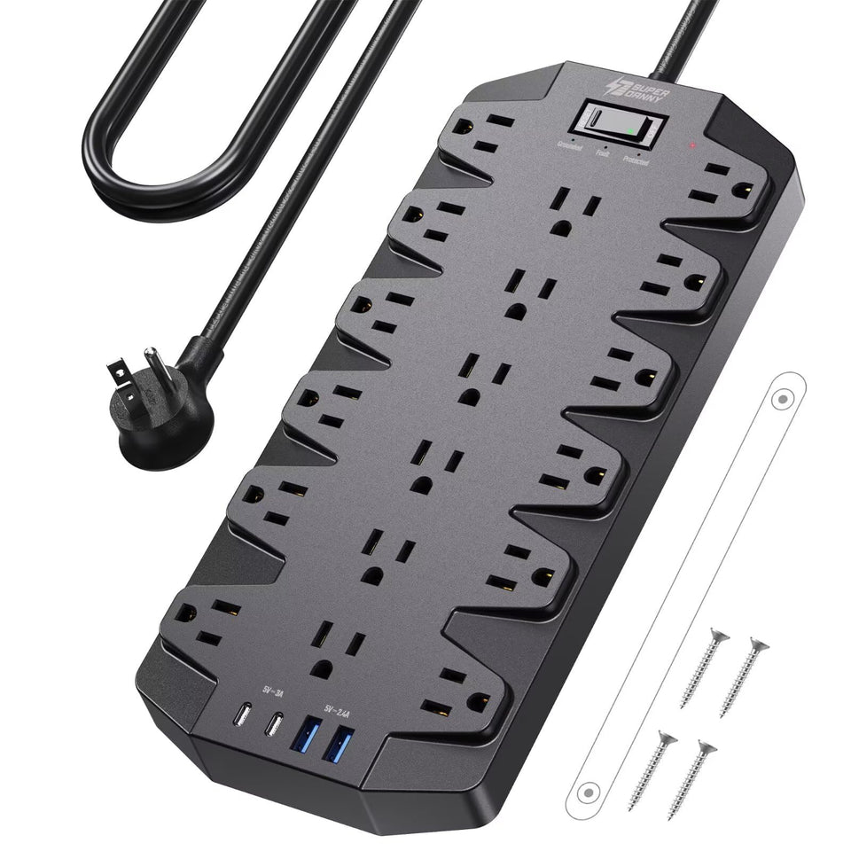 SUPERDANNY front view showing 18 outlets and 4 USB ports, organized power solution