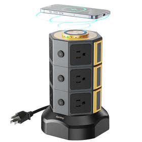 SUPERDANNY gold tower front view showing organized outlets and sleek design benefits tidy setup