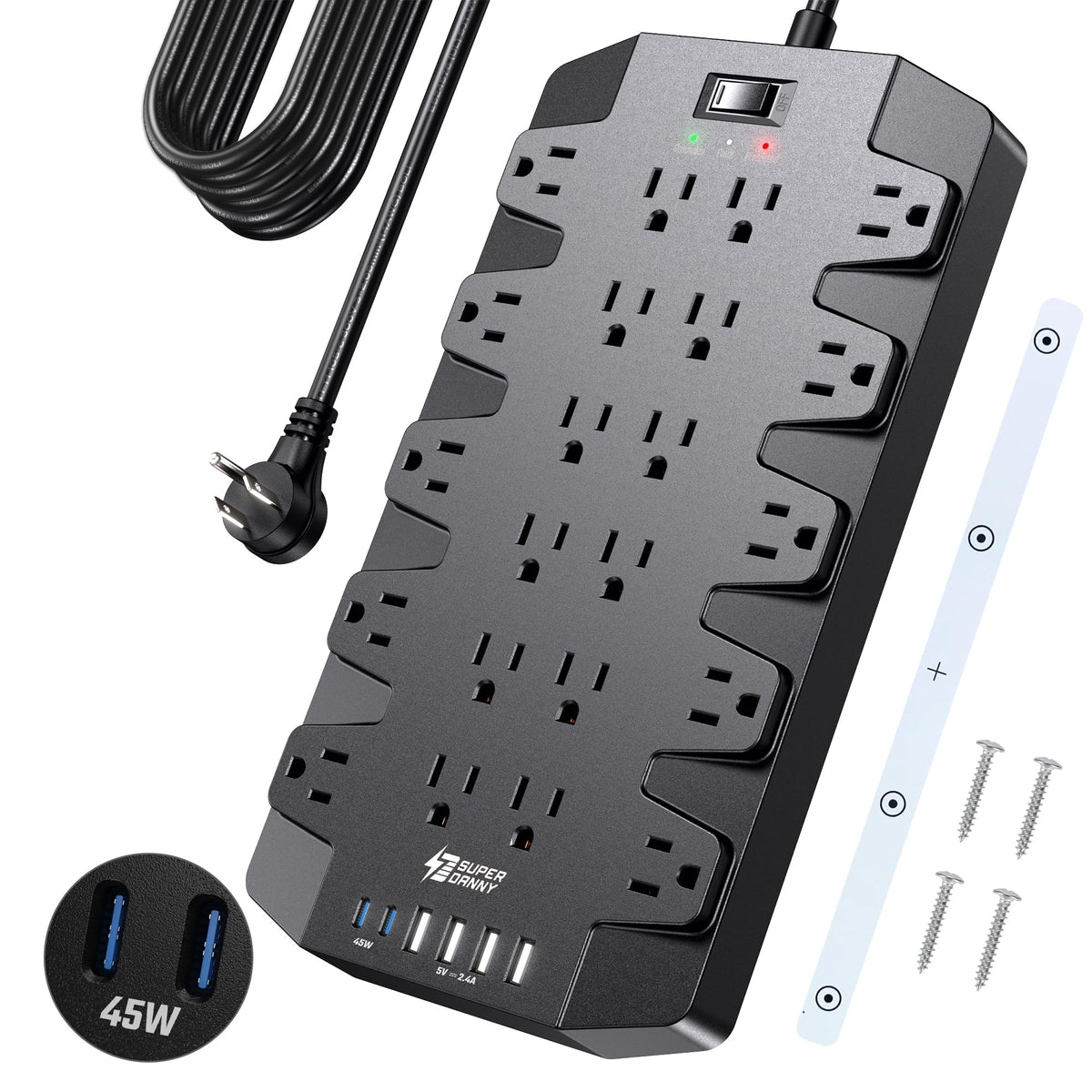 SUPERDANNY front view of power strip showing ports and benefits