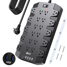 SUPERDANNY front view of power strip showing ports and benefits
