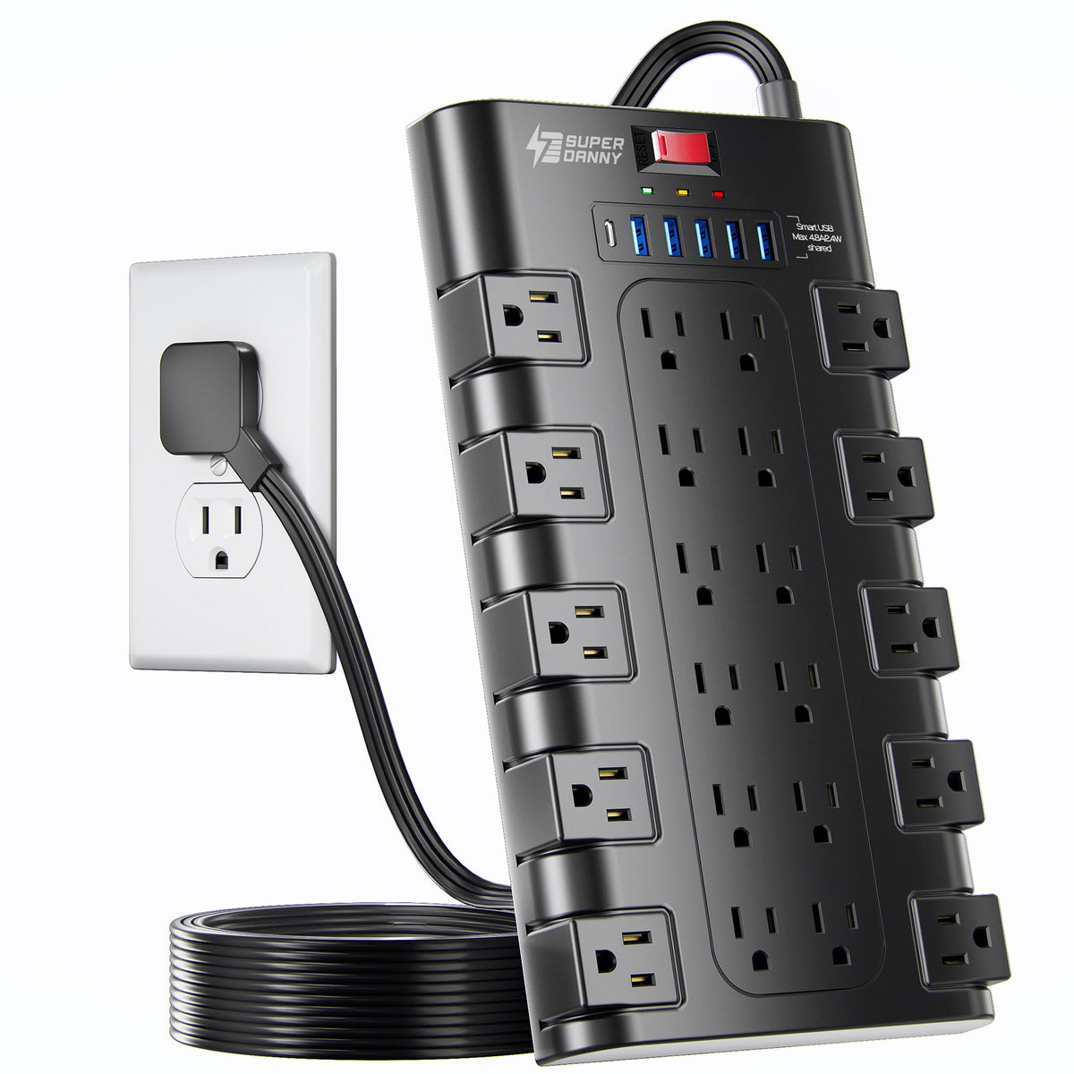 SUPERDANNY front view showing 22 outlets and 6 USB ports, ideal for dense setups