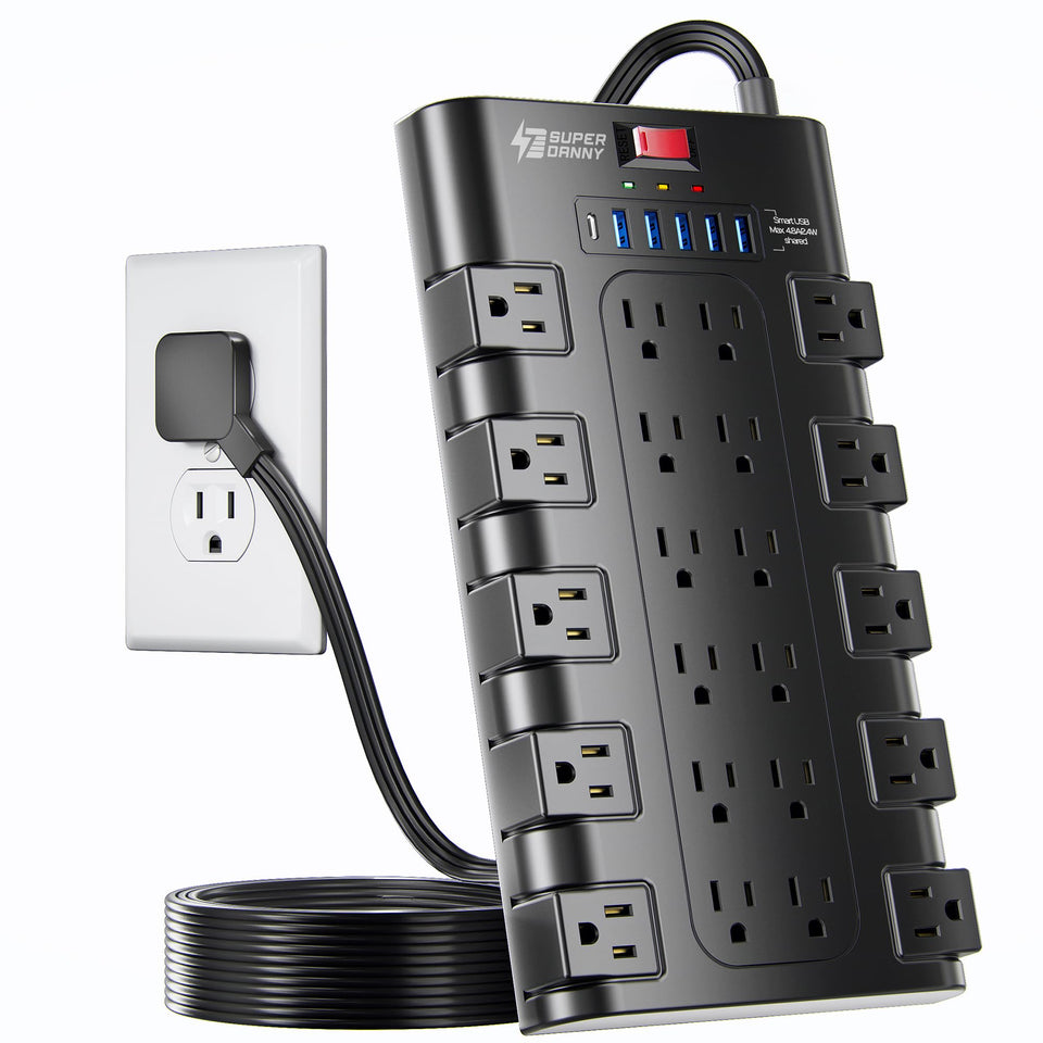 SUPERDANNY front view showing 22 outlets and 6 USB ports, ideal for dense setups