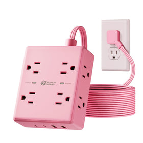 SUPERDANNY front view of pink power strip showing outlets and ports for tidy charging