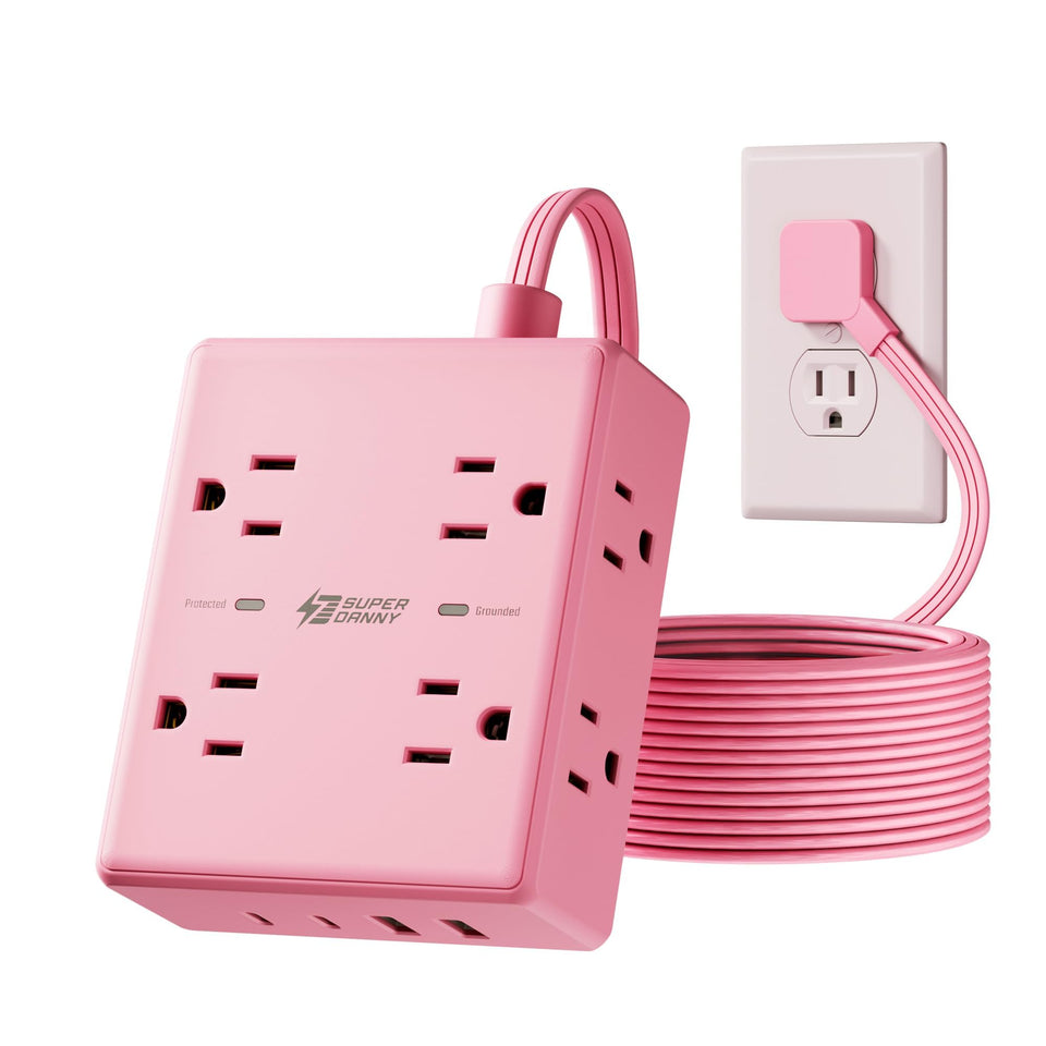 SUPERDANNY front view of pink power strip showing outlets and ports for tidy charging