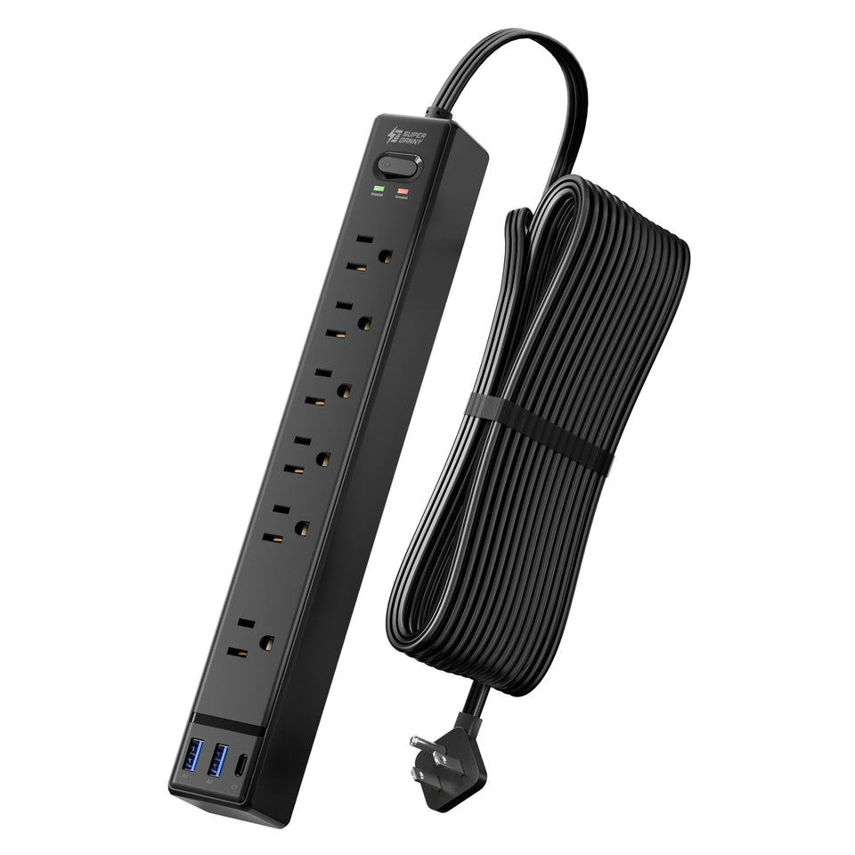 SUPERDANNY front view showing six outlets and three USB ports for organized charging
