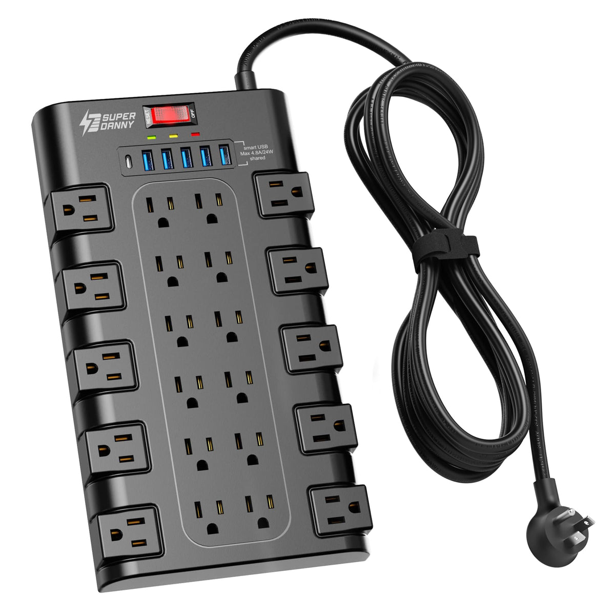 SUPERDANNY front view showing 22 AC outlets and 6 USB ports for maximum device capacity