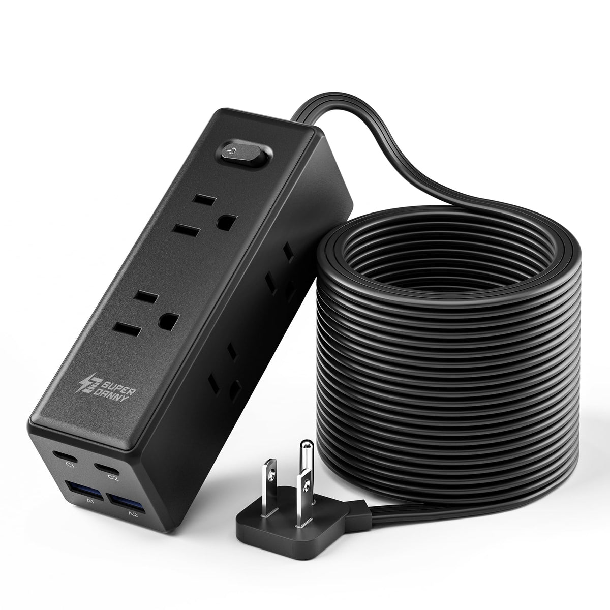 SUPERDANNY front view showing six outlets and four USB ports for versatile charging