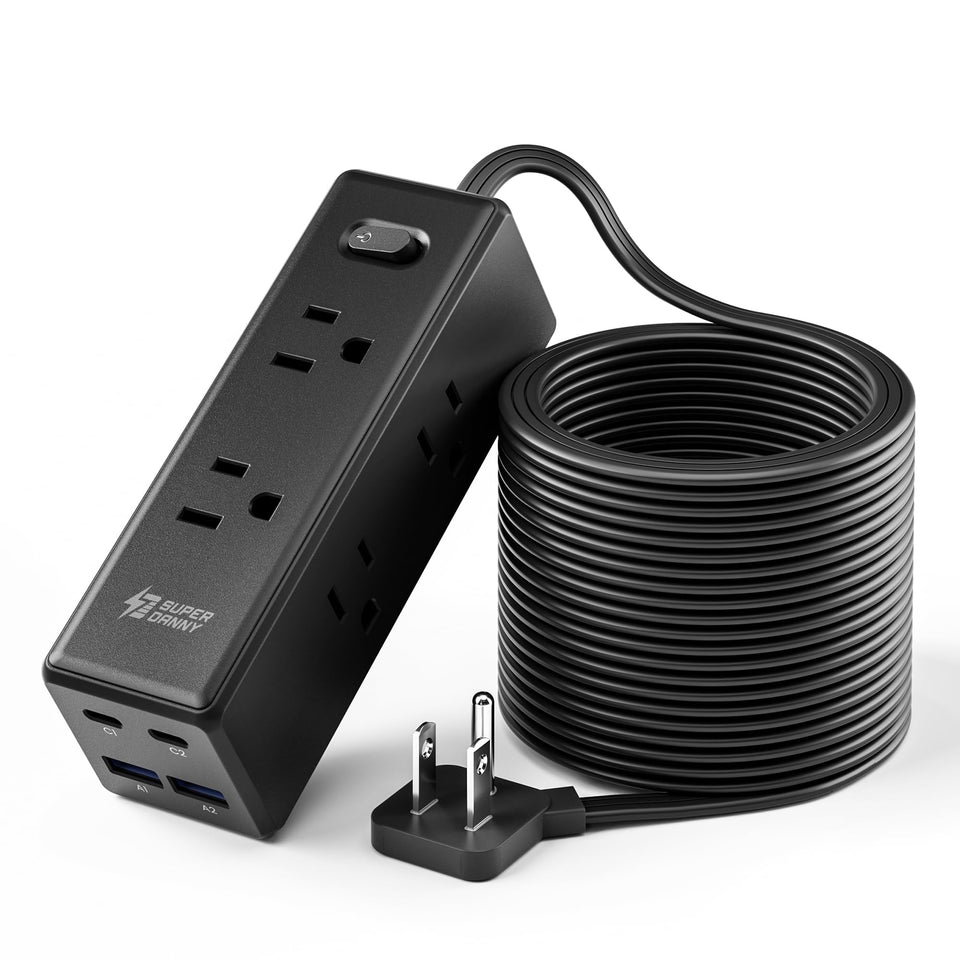 SUPERDANNY front view showing six outlets and four USB ports for versatile charging