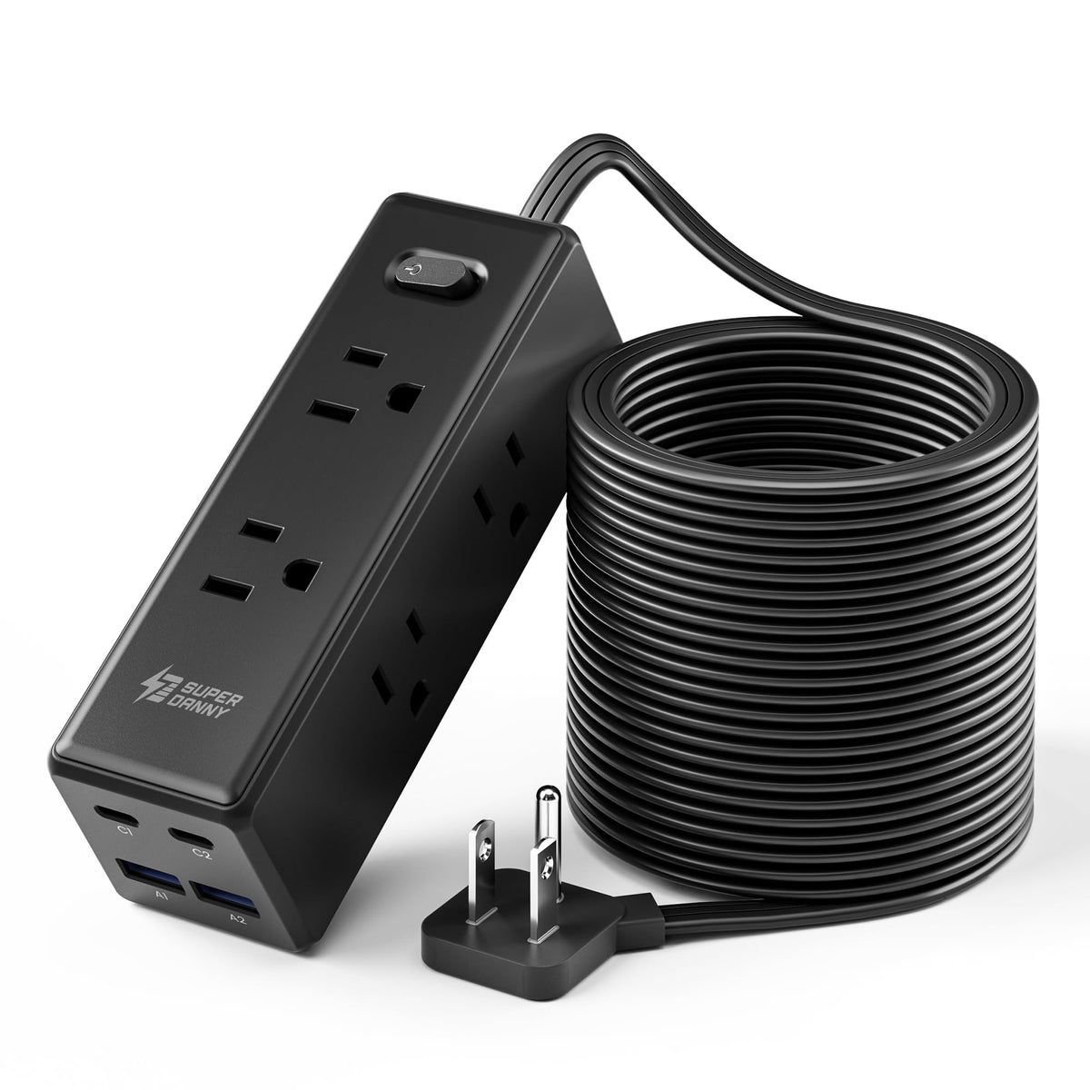 SUPERDANNY front view of power strip showing six outlets and four USB ports for versatile charging