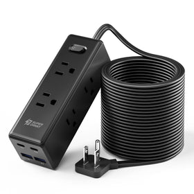 SUPERDANNY front view of power strip showing six outlets and four USB ports for versatile charging