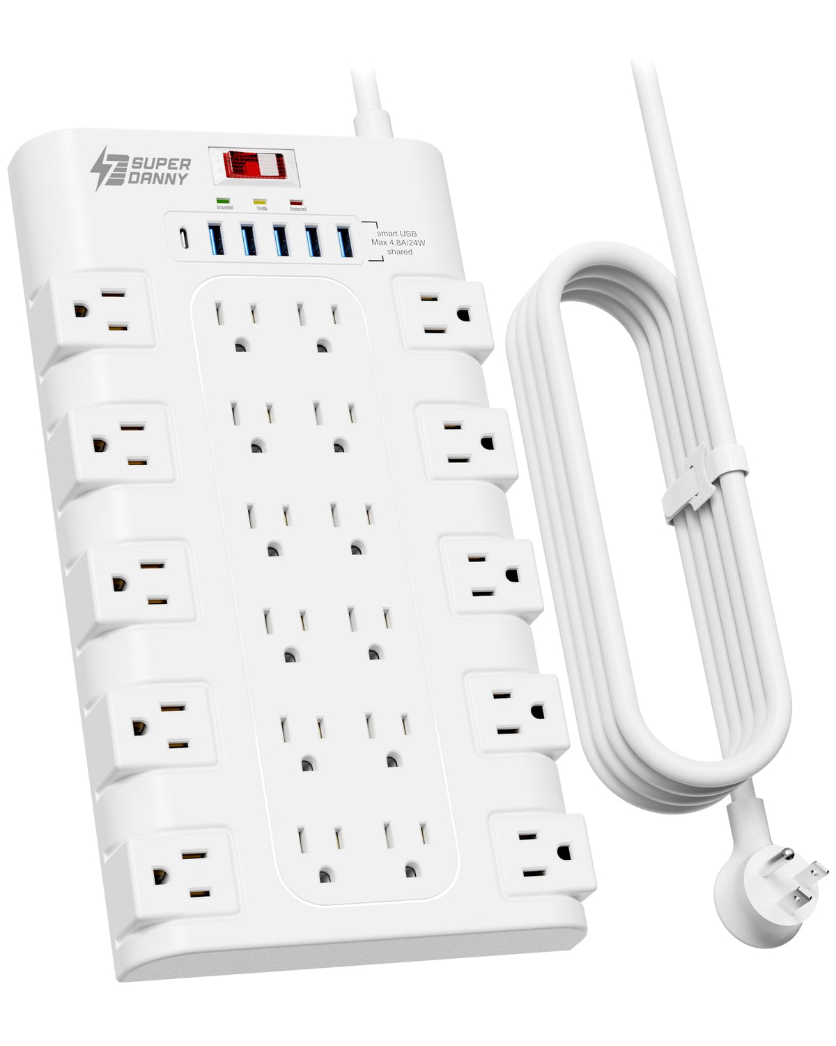 SUPERDANNY front view showing 22 outlets and 6 USB ports for maximum device charging