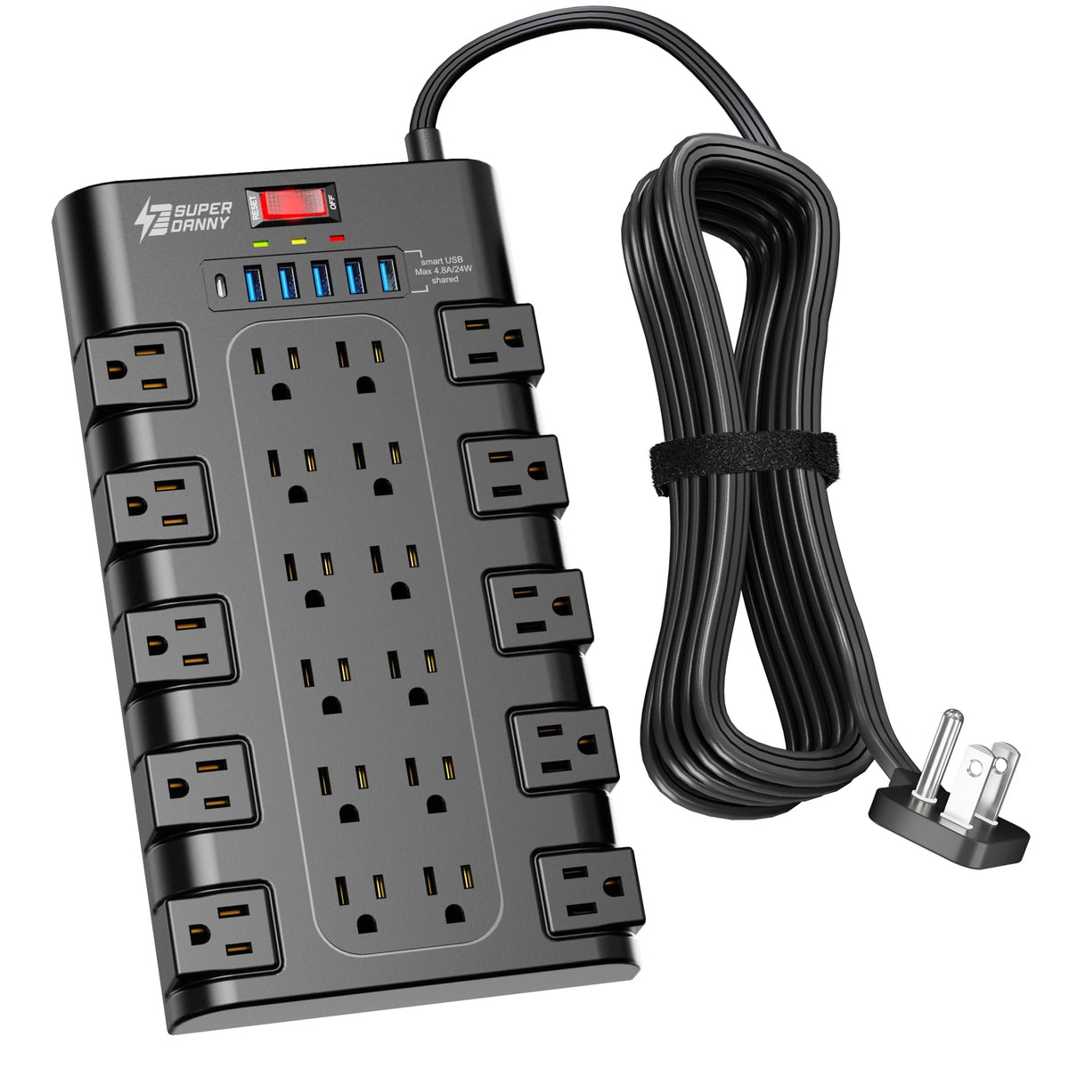 SUPERDANNY front view showing 22 outlets and 6 USB ports for organized power
