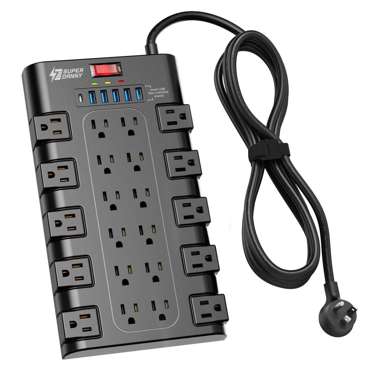 SUPERDANNY front view showing 22 outlets and six USB ports for high-capacity power
